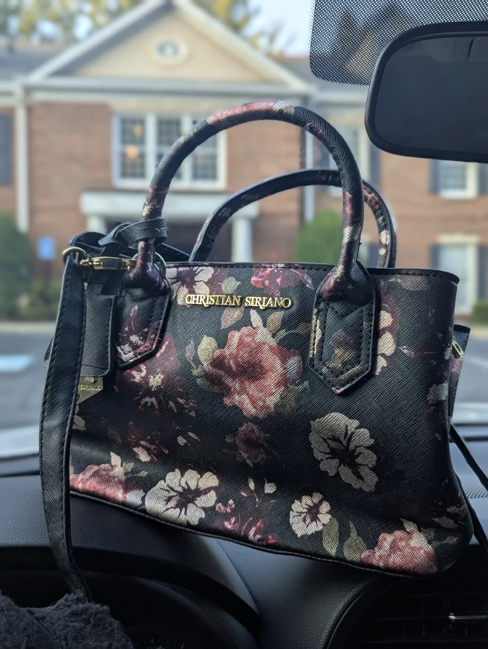 Christian Siriano Floral Crossbody Satchel Bag Black Saffiano Handbag Clean